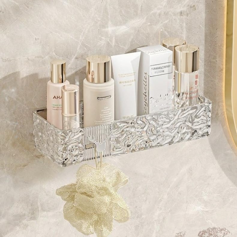Transparent Wall-Mounted Bathroom Storage Shelf with Hooks