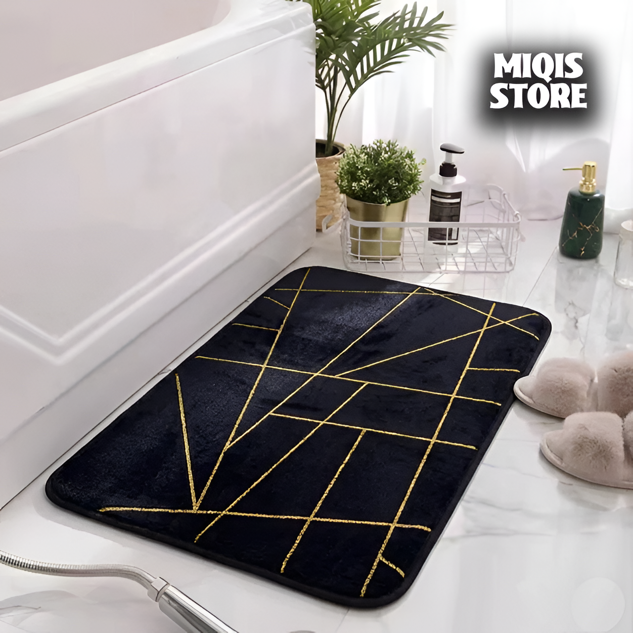 Luxurious Comfort Gold Stripe Faux Rabbit Fur Mat (Medium Black )