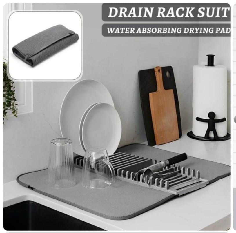 2-in-1 Dish Drying Rack with Water Absorbing Drying Mat