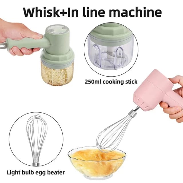 Portable USB Rechargeable Wireles 3 In 1 Electric Garlic Chopper, Crusher, Blender Egg Whisk